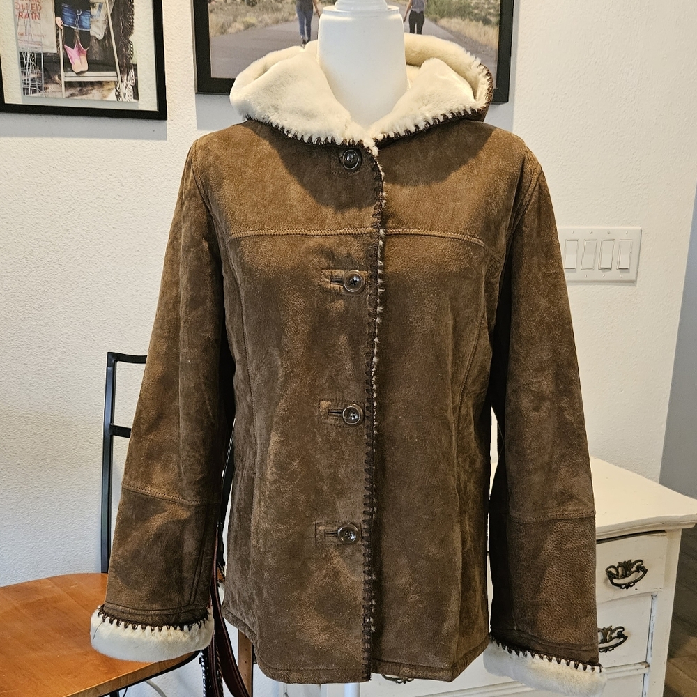 NWOT'S - GALLERY - Womens Brown Leather Hooded Parka, Faux Fur Lined - Size M